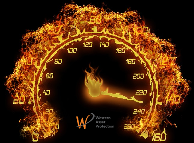 Speedometer made of fire illustration and the needle pointing to 230 kph or 140 mph