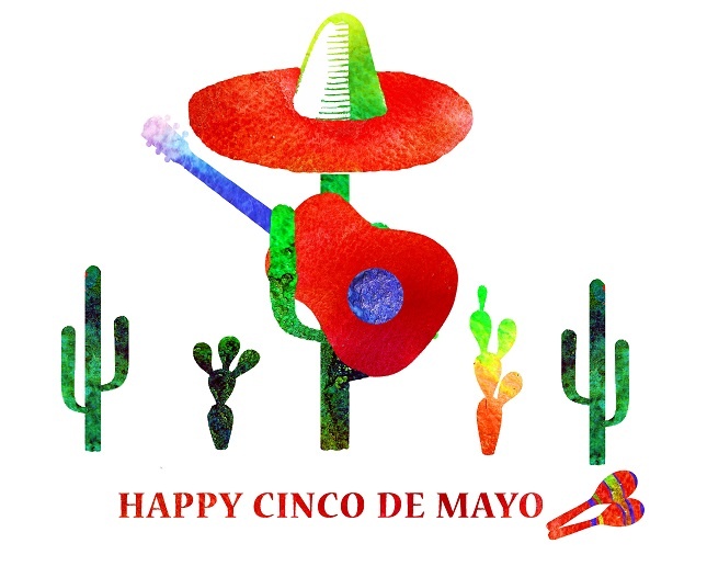 A row of cacti and a set of maracas. One cactus is personified with a Mexican hat and a guitar. Happy Cinco de Mayo