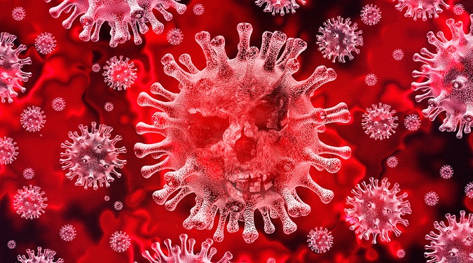 Illustration of a coronavirus with a scull superimposed
