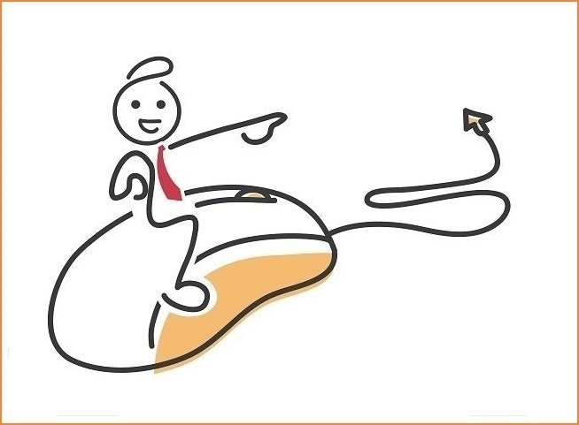 Illustration of a stick figure with a tie riding on a computer mouse