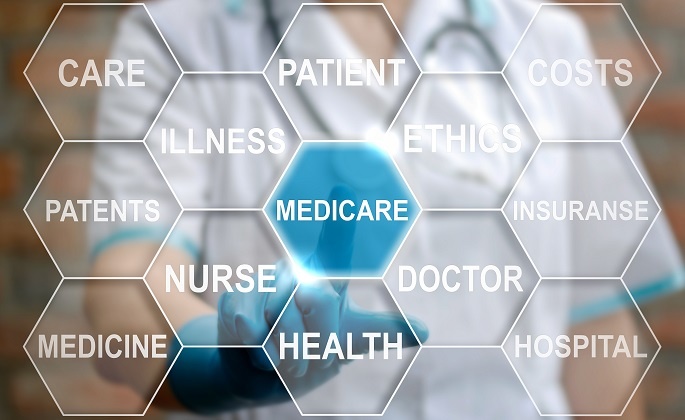 Word Art: Medicare - care, patents, medicine, illness, nurse, patient, health, ethics, doctor, costs, insurance, hospital